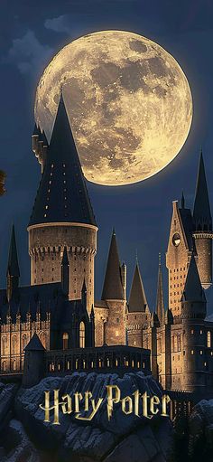 the hogwarts castle is lit up at night with a full moon in the background