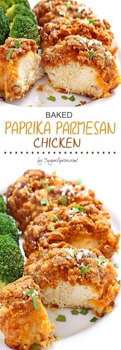 baked paprika parmesan chicken on a plate with broccoli