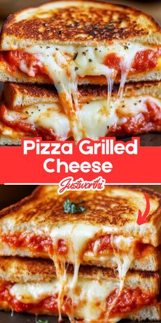 two pictures of grilled cheese sandwiches stacked on top of each other with the words pizza grilled cheese written below