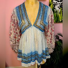 Free People Peasant Blouse Boho Chic Blue Combo V-Neck Dramatic Sleeves Sheer Bnwt Brand New Coachella Festival Firefly Hippie Chic 70s Influenced Bohemian V-neck Peasant Top With Floral Print, Spring V-neck Peasant Top With Blouson Sleeves, Bohemian V-neck Top With Boho Print, Bohemian V-neck Blouse With Boho Print, Bohemian Flowy V-neck Top, Multicolor V-neck Peasant Top For Festival, Multicolor Floral Print V-neck Peasant Top, Patterned Flowy V-neck Blouse, Spring V-neck Peasant Top