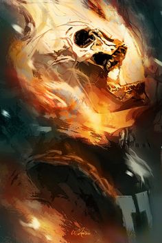 an abstract painting of a skull on fire