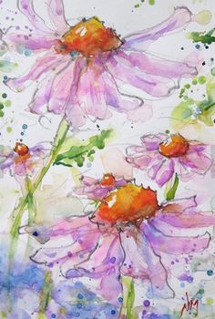 watercolor painting of pink daisies on white paper