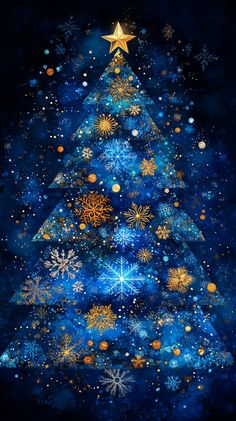 a blue christmas tree with gold stars and snowflakes on the top, against a black background