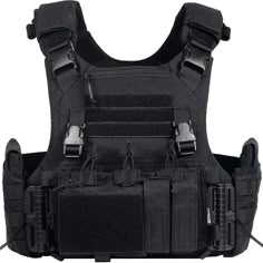 the back of a black vest with multiple pockets and two large buckles on each side