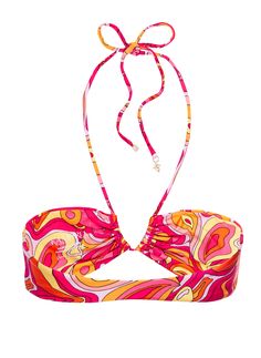 The Tessa Bandeau Top in Calico hugs you in all of the right places to define your curves. Hot tropical colors of pinks, mango, and yellow turn up the sizzle factor. And what better way to further define your curves than with a matching adjustable drawstring that lets you control the cup ruching and determine straight or front-crossed halter tie-back style. Kamari signature gold hardware adorns the ties. Model wears size Small. Chic Adjustable Swimwear For Spring, Bold Pink Swimwear For Pool, Chic Multicolor Stretch Swimwear, Chic Stretch Multicolor Swimwear, Vibrant Pink Stretch Swimwear, Spring Pink Swimwear With Vibrant Print, Chic Multicolor Triangle Top Swimwear, Chic Multicolor Swimwear, Bold Pink Swimwear For Summer