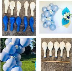 blue and white balloons are arranged in the shape of flowers, leaves, and vases