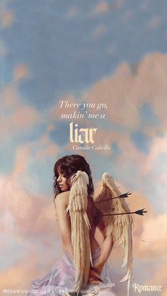 an angel sitting on top of a cloud filled sky with the words, there you go, makein me a liar