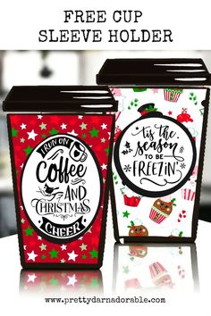 two coffee cups with christmas designs on them and the words free cup sleever are shown