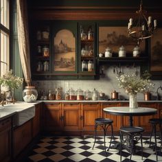 an old fashioned kitchen with green cabinets and checkered flooring on the tile floors