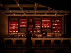 a dimly lit bar with stools in front of it