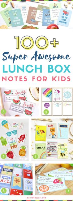 the 100 + super awesome lunch box notes for kids with pictures and text on it