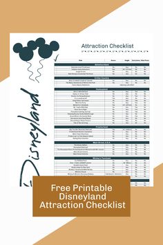 the free printable disney and attraction checklist is shown in this image with an orange background