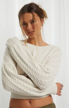 Beverly & Beck Fawn Cable Stitch Sweater | PacSun Pacsun Sweaters, Stitch Sweater, Stitch Fabric, Solid Color Sweater, Color Sweater, Cable Stitch, Fashion Hacks, Stockholm Fashion, Winter Fits