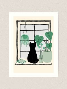 a black cat sitting in front of a window next to potted plants and a book