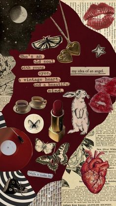 an altered collage with lipstick and other items on it's side, including a red vinyl record