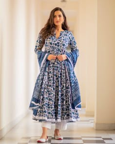 Cotton Dress Set - Indigo Colored Dabu Print - www.riafashions.com Blue Anarkali, Pink Anarkali, Kurta With Palazzo, Kurtis Design, Simple Kurta, Cotton Anarkali, Anarkali Kurti, Casual Indian Fashion, Cotton Kurti Designs