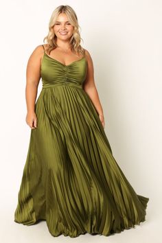 Naira Pleated Maxi Dress - Palm Green - Petal & Pup USA Satin Maxi Dress With Pleated Back For Prom, Summer Satin Maxi Dress With Pleated Back, Satin Pleated Maxi Dress For Gala, V-neck Pleated Back Maxi Dress For Party, Satin Pleated Maxi Dress For Prom, Green Ruched Satin Maxi Dress, Lined Satin Maxi Dress, Satin Maxi Dress With Adjustable Straps For Parties, Satin Maxi Dress With Adjustable Spaghetti Straps