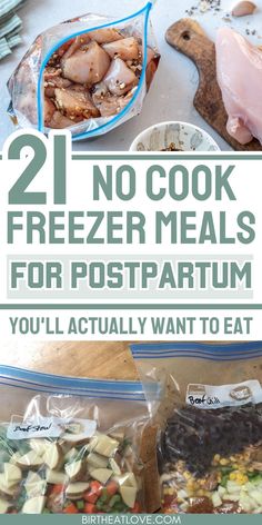 two freezer meals in plastic bags with text overlay that says, no cook freeze meals for postpartum you'll actually want to eat