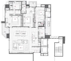 the floor plan for an apartment with three bedroom and two bathroom areas, including one living room