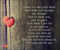 a heart hanging from a wooden post with the words i want to take your hand and walk you through my dreams