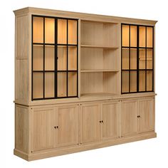 a wooden bookcase with glass doors and shelves on each side, against a white background