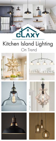 the kitchen island lighting on trend is shown in several different styles and colors, including black