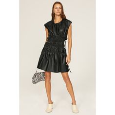 Black faux leather (100% Polyurethane). Hourglass. Sleeveless. Crewneck. Tie closure. 35" from shoulder to hemline. Imported. Proenza Schouler Dress, Harness Dress, Drawstring Dress, Striped Knit Dress, Silk Shift Dress, White Cocktail Dress, Drawstring Dresses, Faux Leather Dress, Linen Mini Dress