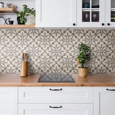 a potted plant sitting on top of a wooden counter next to white cupboards