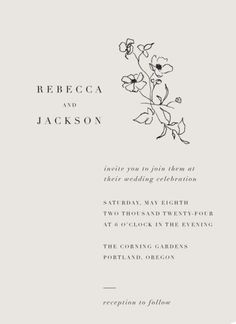 an elegant wedding card with flowers on the front and back, is shown in black ink