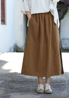 Lasaky - Cotton Linen Handmade Sand-Washed Design Midi Skirt in Vintage Style Long Linen Skirt Outfit, Linen Skirt Outfit, Long Linen Skirt, Linen Midi Skirt, Body Skirt, Handmade Skirts, Half Body, Linen Skirt, Skirt Outfits