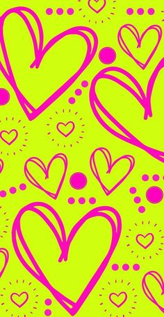 pink hearts are drawn on a green background