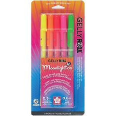 four neon colored gelly ink markers are in the package, one is pink and one is green