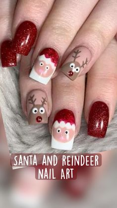 Red mail design with Santa and a reindeer Christmas Nails Glitter, Plaid Nail Art, Glitter Gradient Nails, Holiday Themed Nails, Nail Art Noel, Snowflake Nail Art, Plaid Nails, Sweater Nails, Nail Art Disney