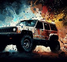 a painting of a jeep in the middle of some paint splattered watercolors