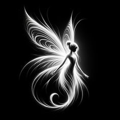 a black and white photo of a fairy with wings on her back, standing in the dark