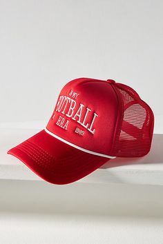 Polyester Spot clean Imported | In My Football Era Trucker Hat by Worn/West in Red, Women's, Polyester at Anthropologie Stocking Hat, New Era Hats, Red Fits, Red Blue Green, 50 Fashion, Hats For Women, Trucker Hat, Women's Accessories, Red And Blue