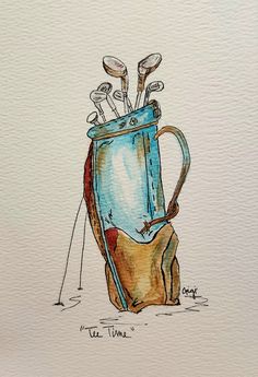 a drawing of a blue mug with golf clubs sticking out of it