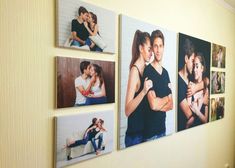 four pictures hanging on the wall next to each other with one man hugging another woman