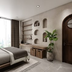 a bedroom with a bed, shelves and a plant in the corner next to it