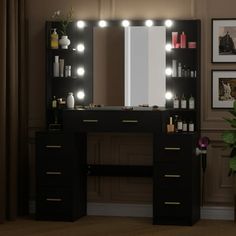 a vanity with lights on it in a room