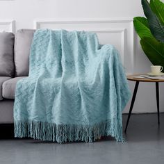 a couch with a blanket on top of it next to a table and potted plant