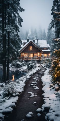 a cabin in the woods with snow on the ground and trees around it at night