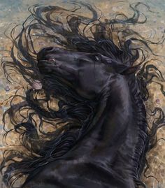 a painting of a black horse with long hair