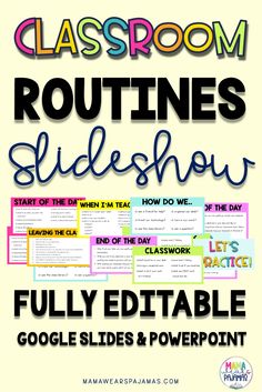 the classroom routine slideshow for google slides and powerpoint is shown with text that reads,