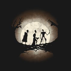 the silhouettes of three people are walking in front of a full moon with bats