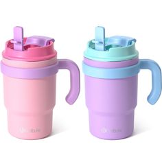 two cups with lids and handles, one is pink and the other is light blue