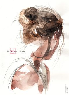 a drawing of a woman with her hair in a bun