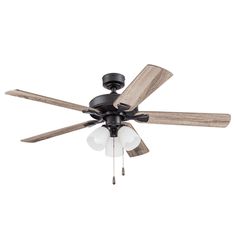 a ceiling fan with three wooden blades and two glass shades on the blades, one light is