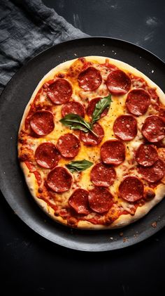 a pizza with pepperoni and basil on a black plate next to a gray napkin