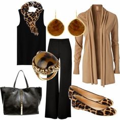 Uniform Style Look D - Work Outfit #1: Black top + Black pants + Beige longline cardigan/coat Fashion Over 50, Business Casual Outfits